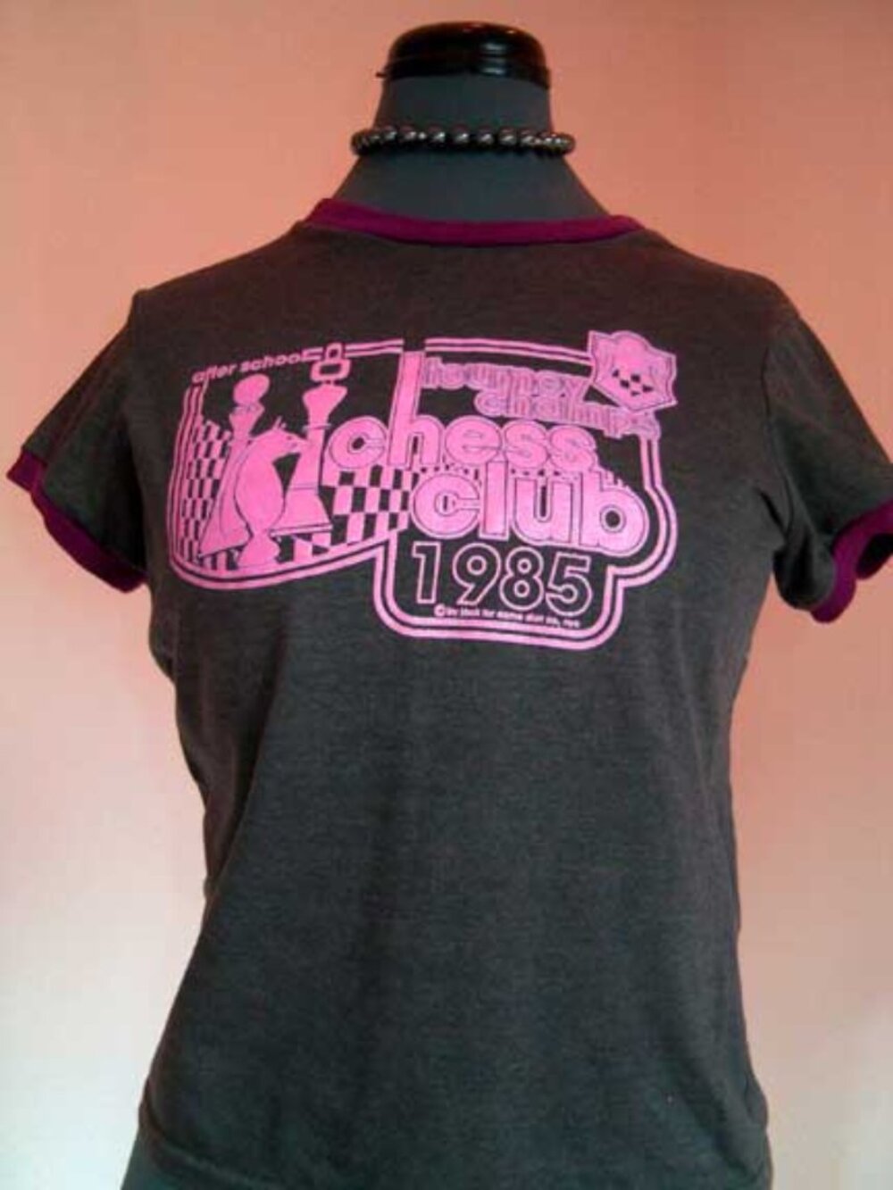 Vintage Distressed Ringer Baby Tee Pink Glitter Puff Graphic Sz M